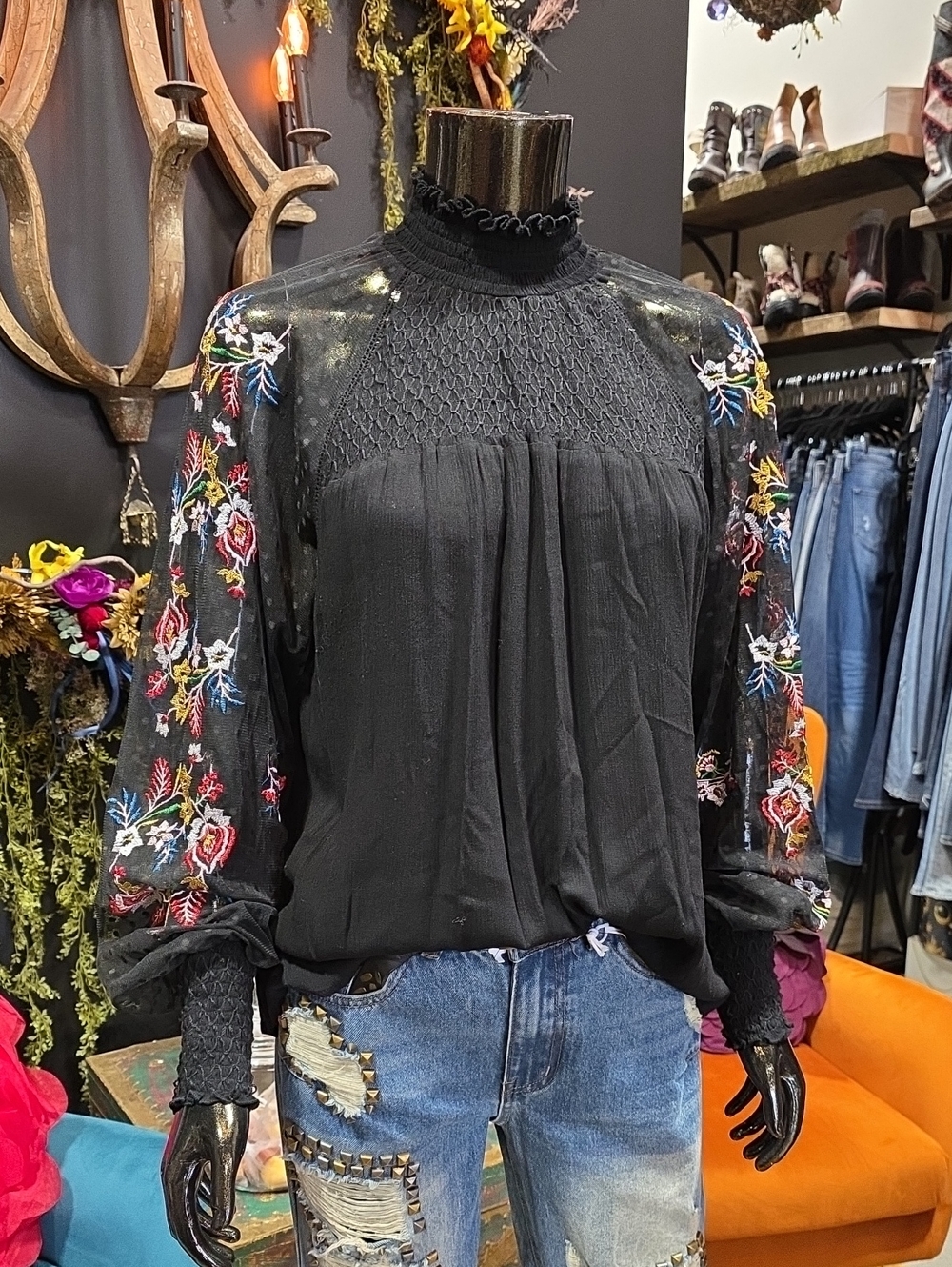 Boutique Floral Embroidered Sleeve Blouse